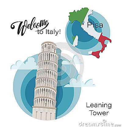 Map of Italy. Pisa. Leaning Tower. Set. Vector Illustration